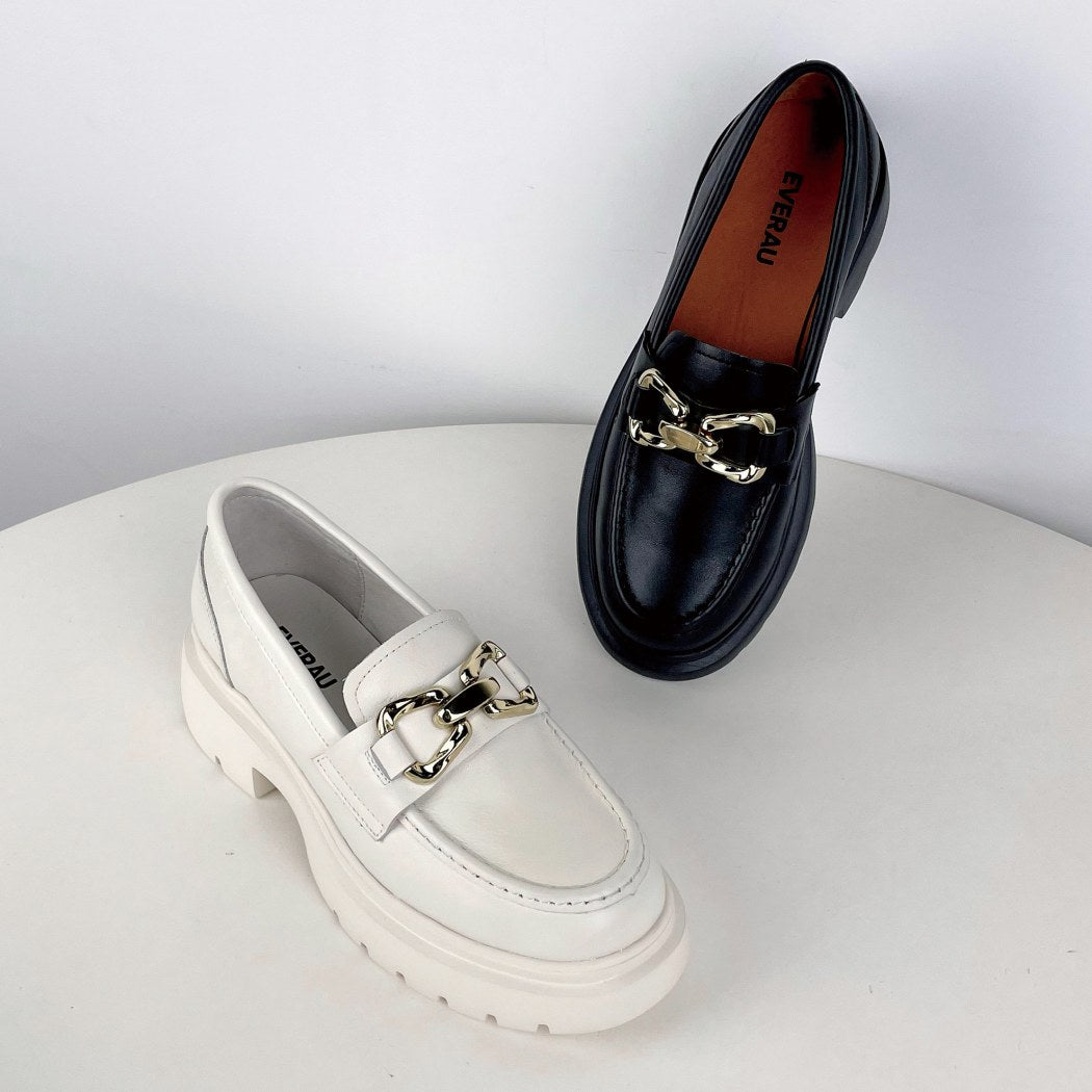 Black and Cream colour options of EVERAU® Women Leather Gold Buckle Platform Chunky Loafers Della EA 7032 with premium leather construction.