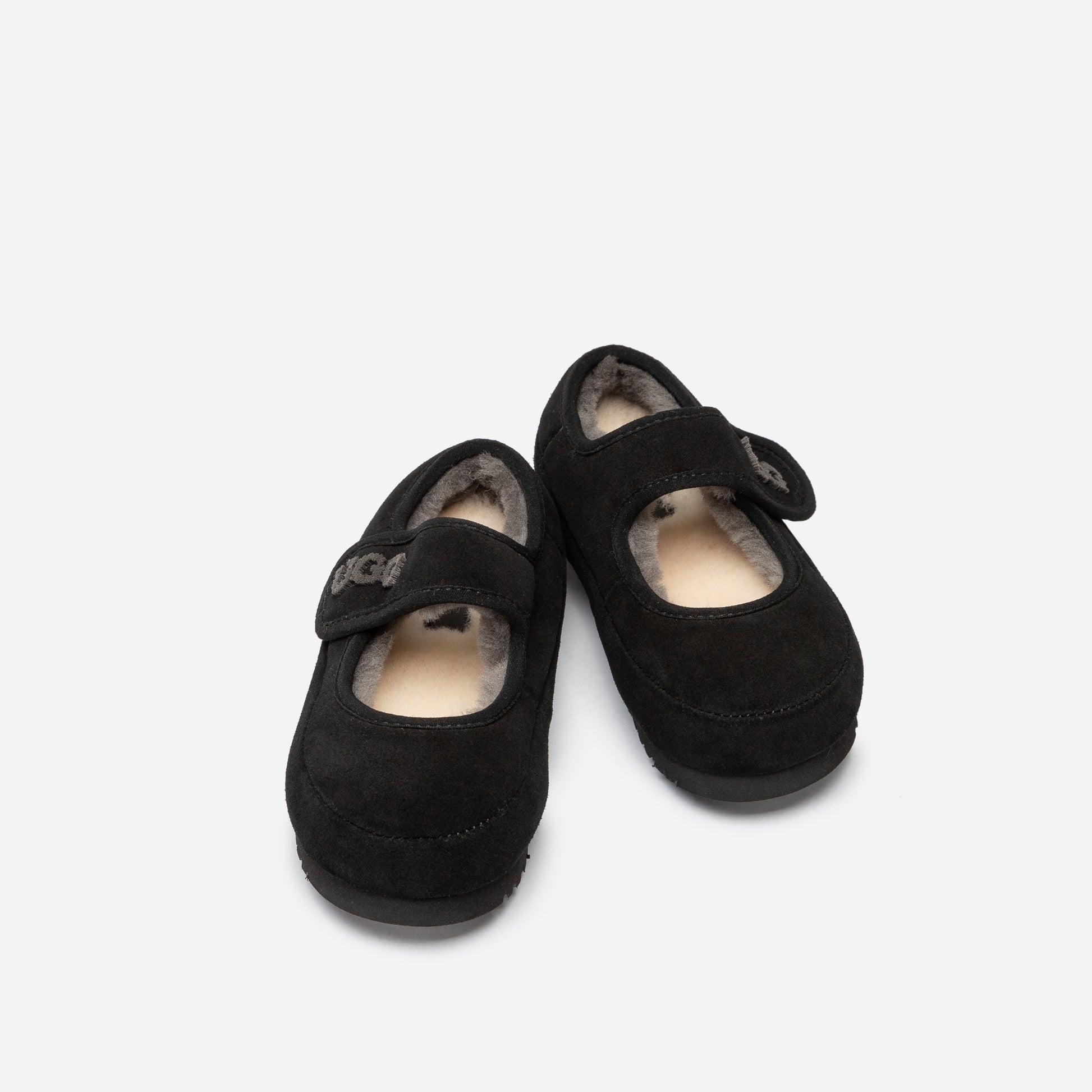 Front view of kids sheepskin wool Mary Jane shoes OB 970K in Black