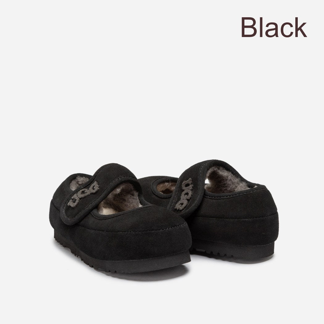 Kids sheepskin wool Mary Jane shoes OB 970K in Black