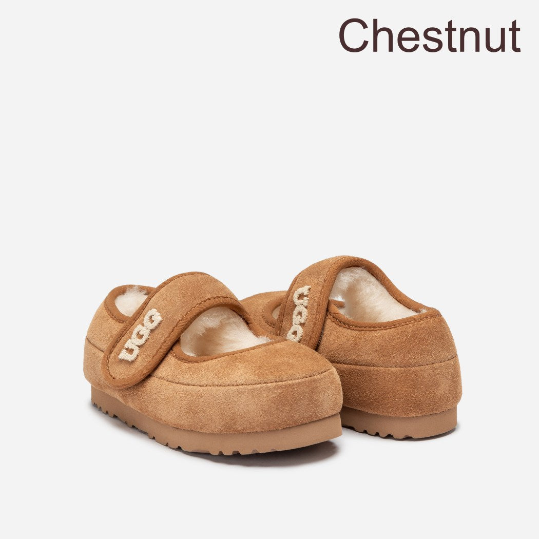 Front view of kids sheepskin wool Mary Jane shoes OB 970K in Brown