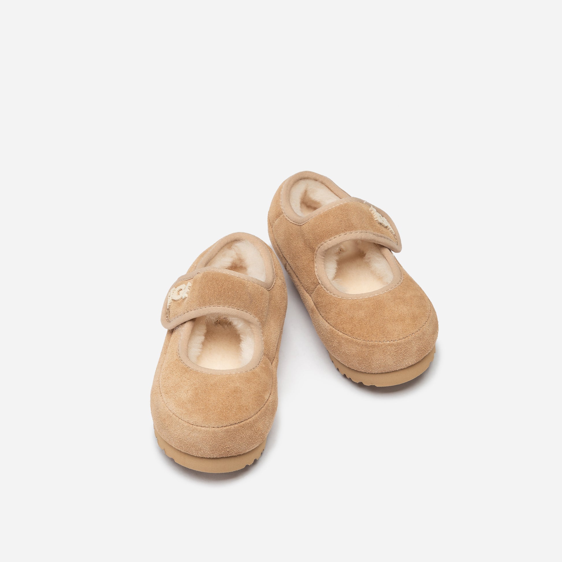 Front view of kids sheepskin wool Mary Jane shoes OB 970K in Sand