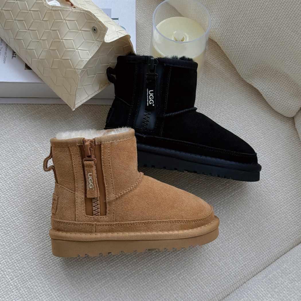 Kids Zerin Sheepskin Wool Zip Boots AS 3166K Chestnut and Black