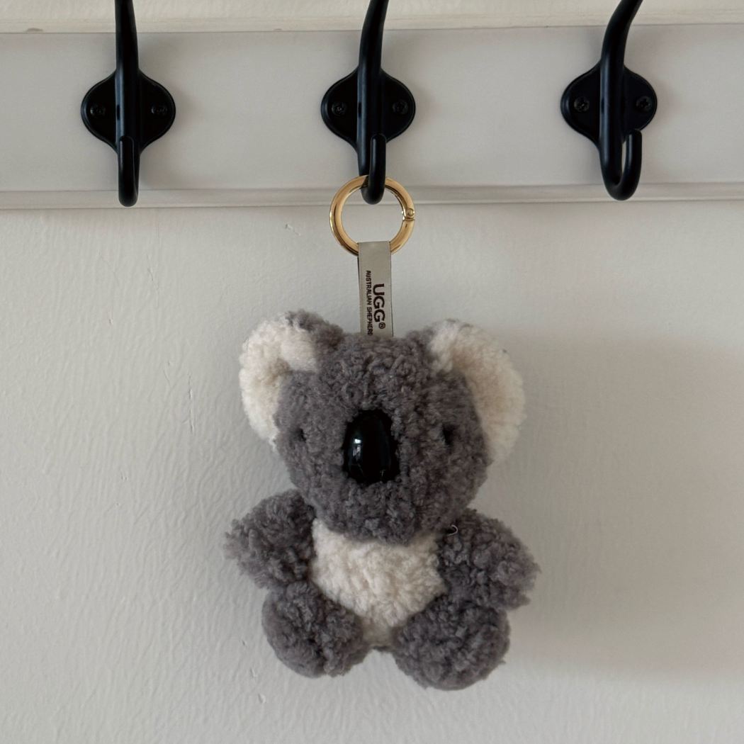 Koobi sheepskin wool koala keyring bag charm ASZ 041 hanging from a hook