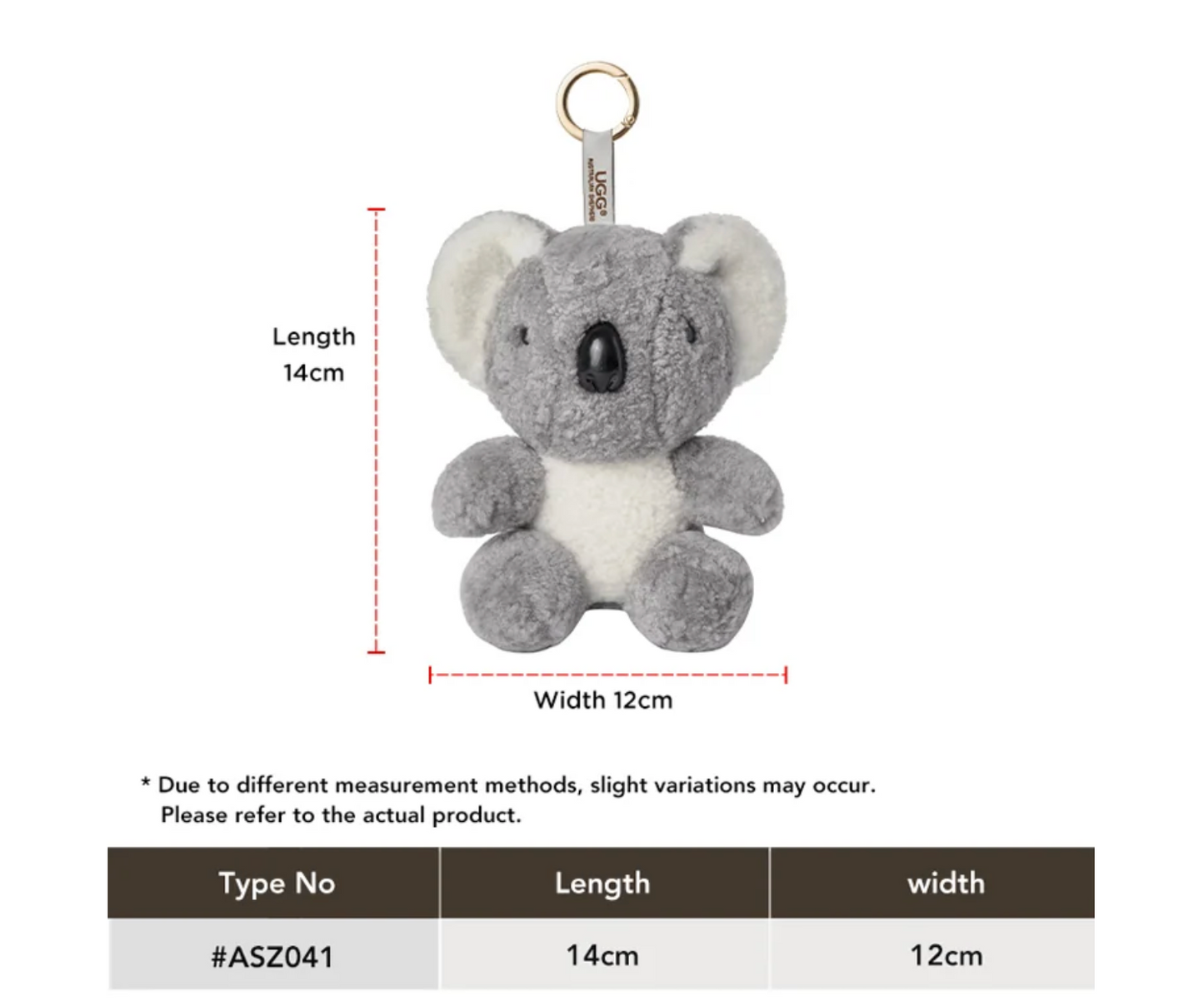 Size guide for Koobi sheepskin wool koala keyring bag charm ASZ 041
