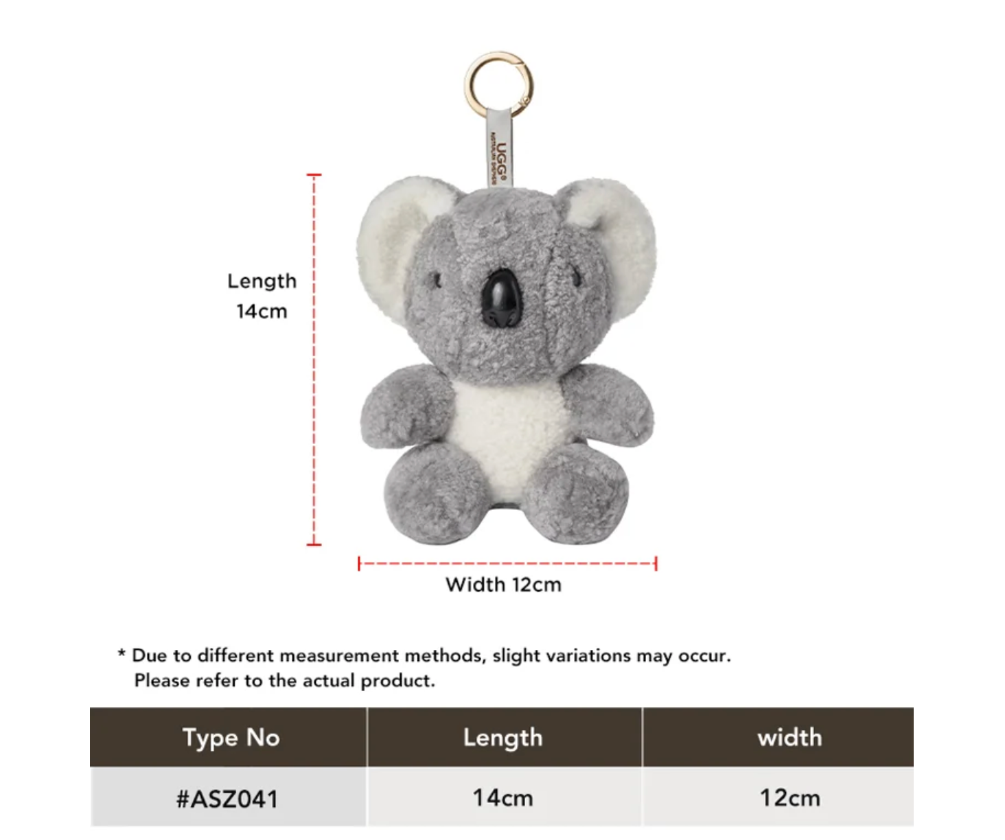 Size guide for Koobi sheepskin wool koala keyring bag charm ASZ 041