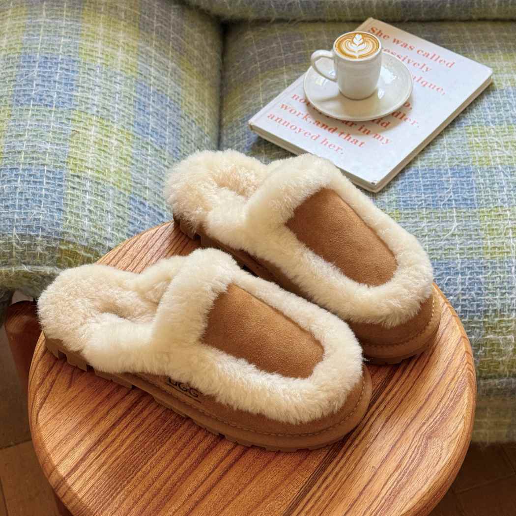 Front product view of Layna cow suede sheepskin wool slip-on mule slippers AS 2133