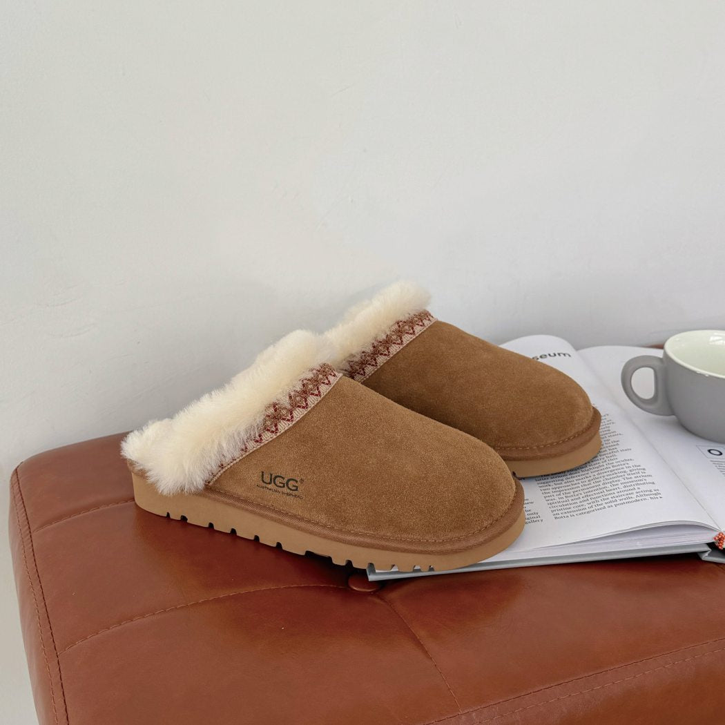Side profile of Liora cow suede woven trim scuff slippers AS 2131 in Chestnut