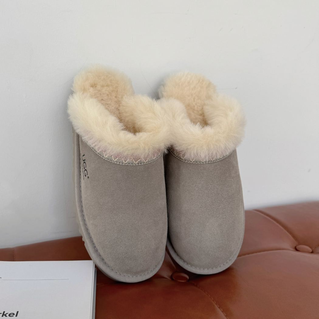 Side profile of Liora cow suede scuff slippers AS 2131 in Pebble Grey