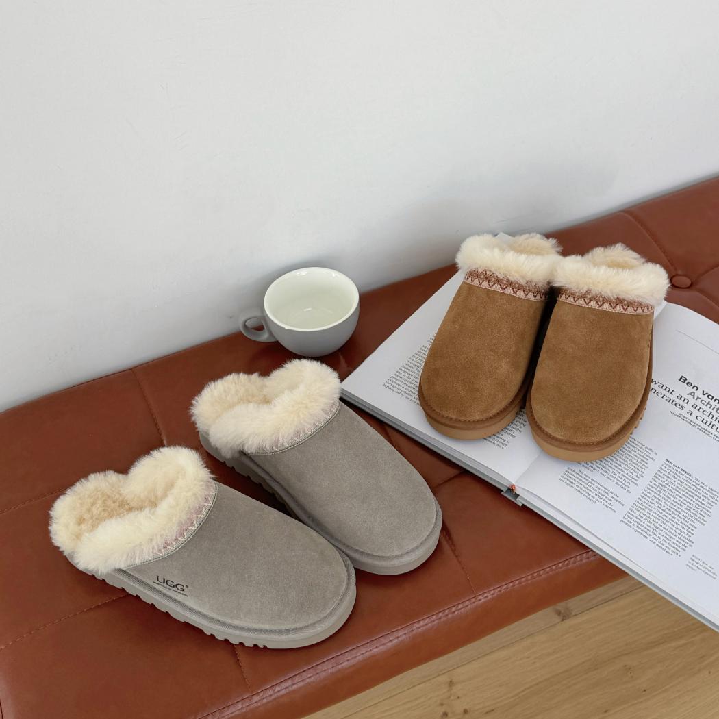 Liora cow suede sheepskin wool woven trim scuff slippers AS 2131 in Chestnut and Pebble Grey