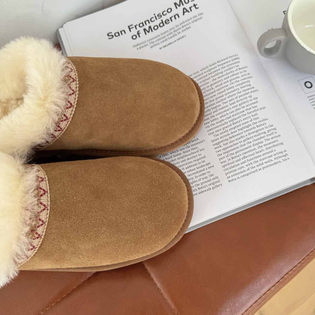 Woven trim detail of Liora cow suede scuff slippers AS 2131