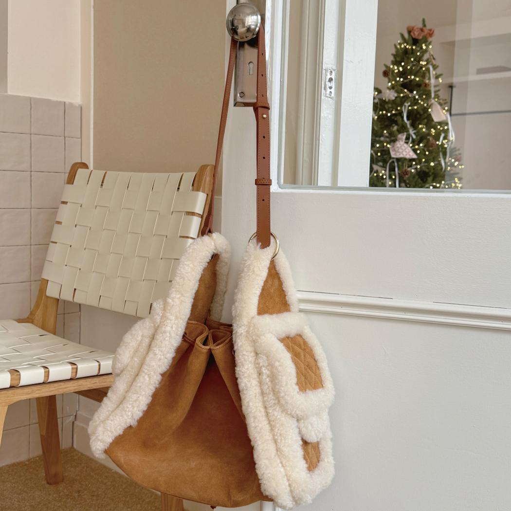 Front logo view of Maple split cow suede tote bag ASA 049