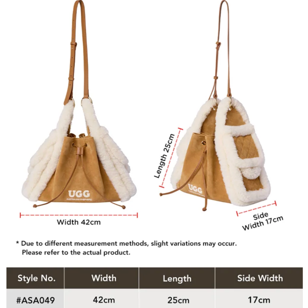 Size chart for Maple split cow suede sheepskin wool tote bag ASA 049