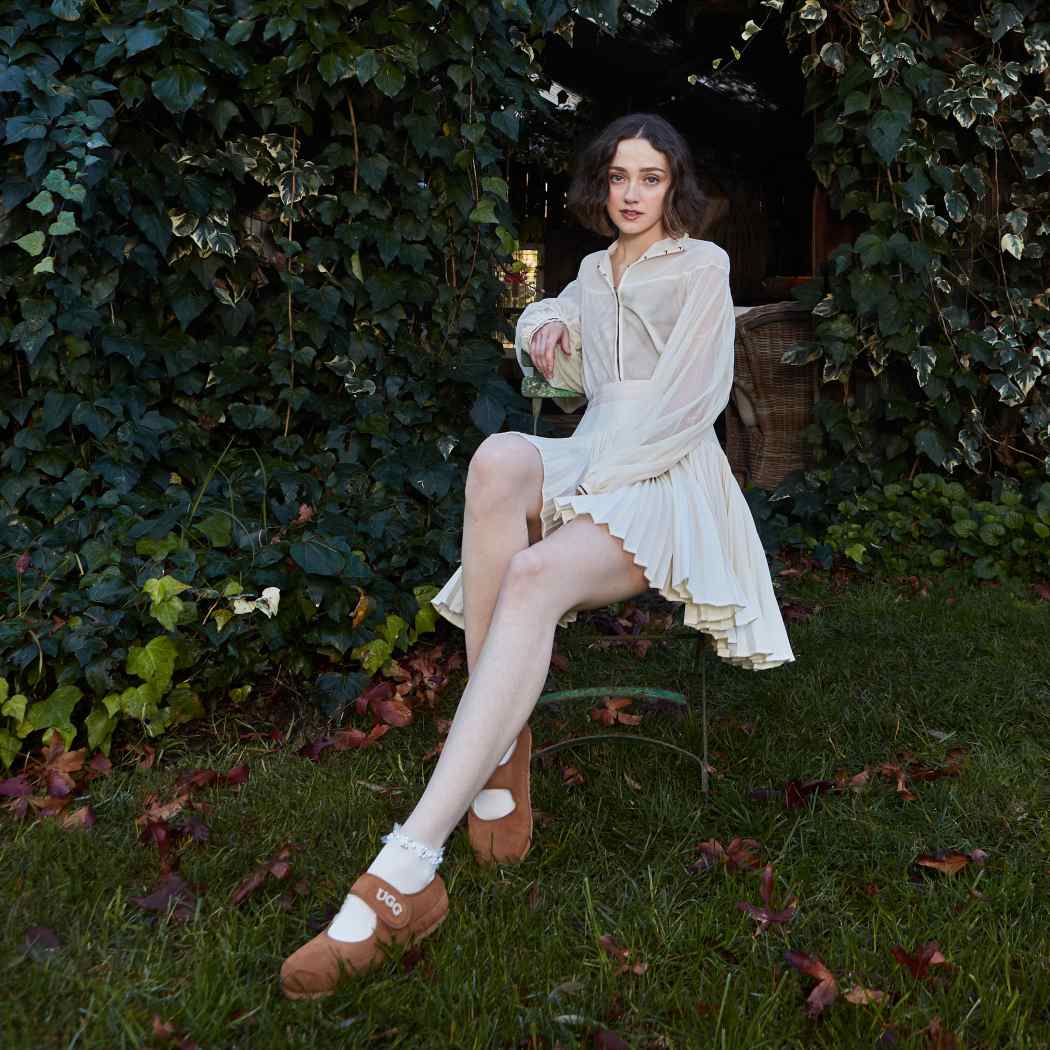 Lifestyle angle of Mary Jane cow suede sheepskin shoes OB 970