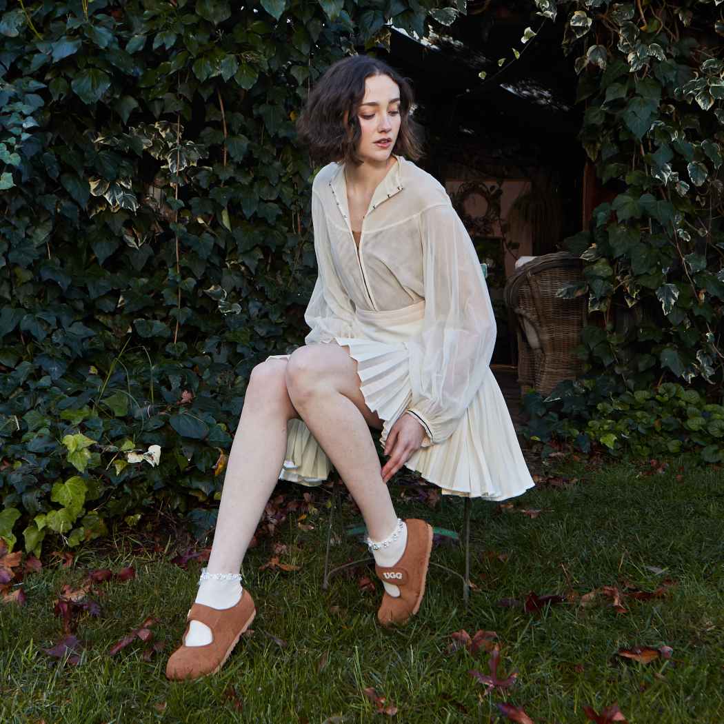 Lifestyle photo of Mary Jane cow suede sheepskin shoes OB 970