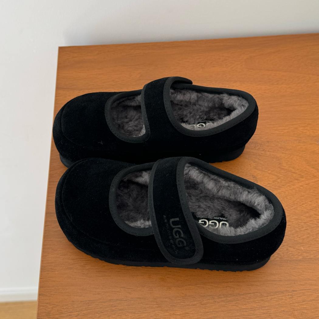 Front view of Millie kids sheepskin wool Mary Jane slippers AS 7037K in Black