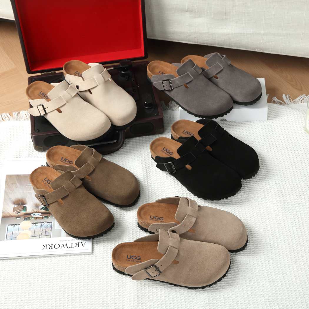 Sandra cow suede leather soft footbed mule slippers DK 1643 available in Grey, Sand, Taupe, Chestnut and Walnut Brown