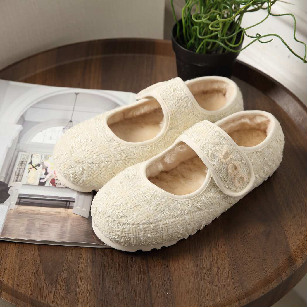 Front three-quarter view of Tweed Mary Jane moccasins DK 242 in Nude