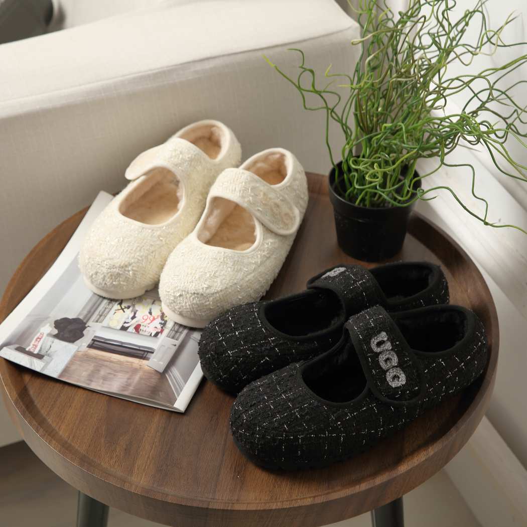 Tweed Mary Jane sheepskin wool moccasins DK 242 in Black and Nude