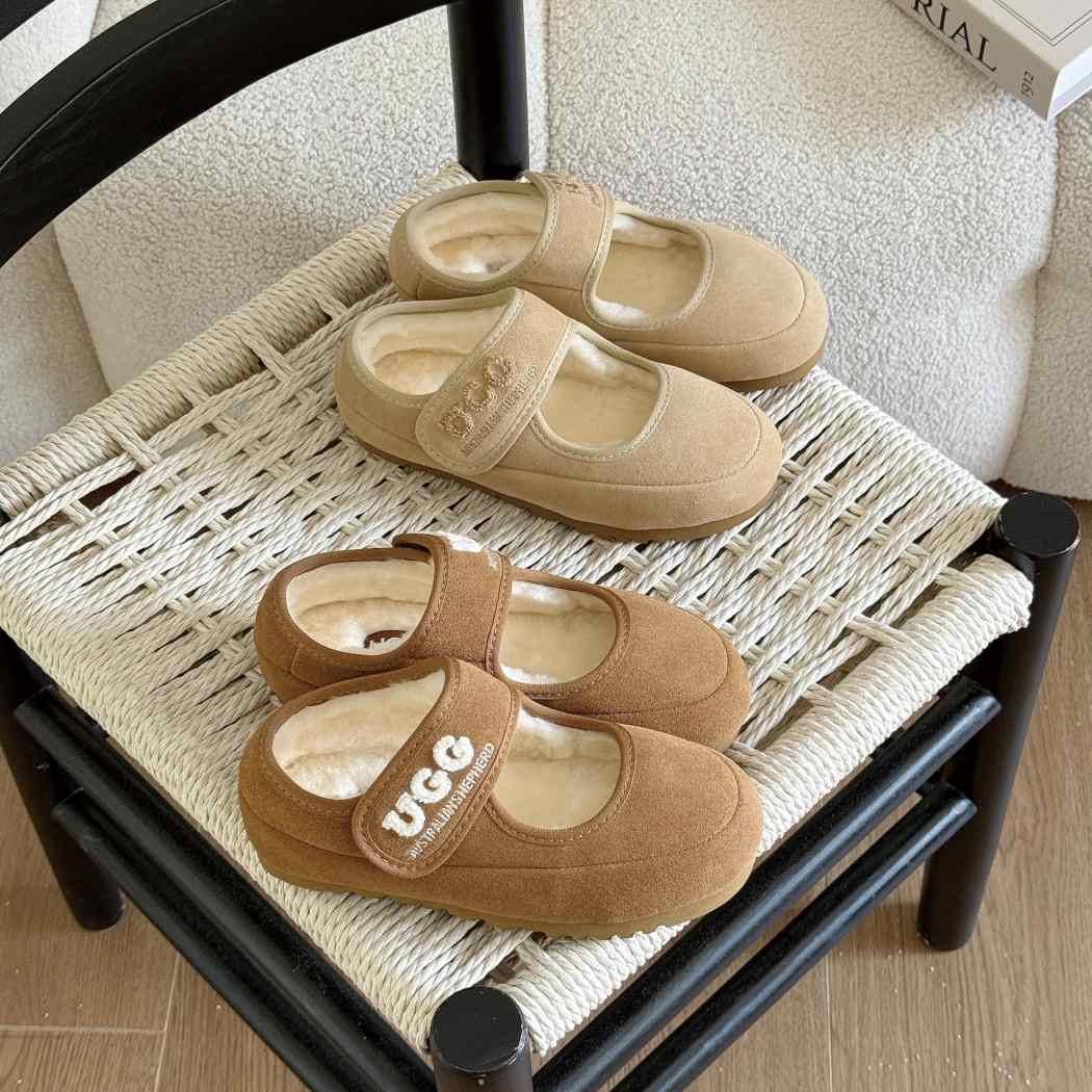 Product display of Velvi kids sheepskin wool Mary Jane slippers AS 7025K