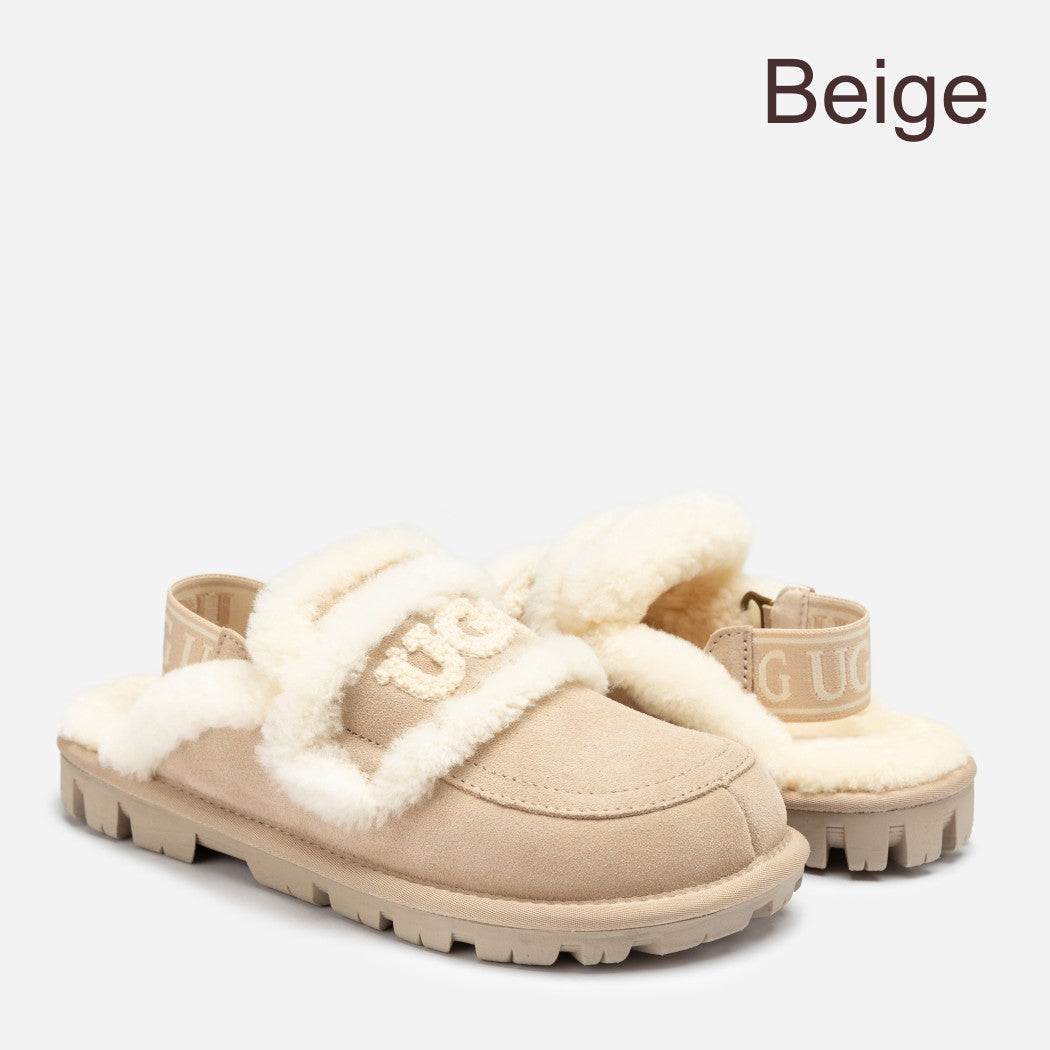 Violet cow suede sheepskin detachable strap platform slippers OB 938D in Beige