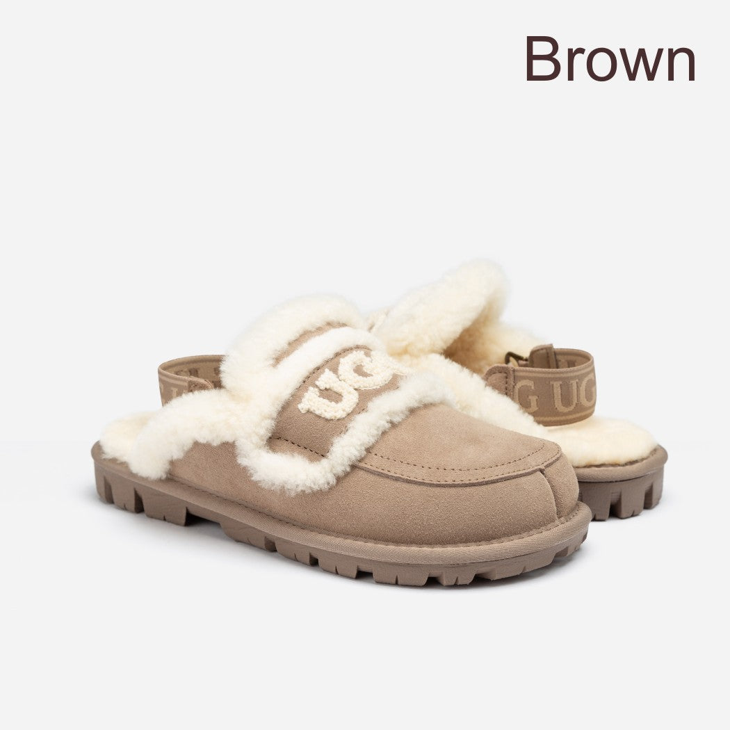 Violet cow suede sheepskin detachable strap platform slippers OB 938D in Brown