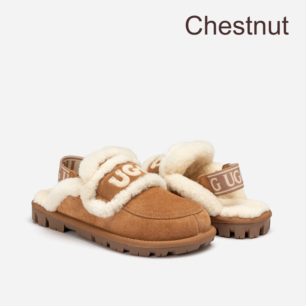 Violet cow suede sheepskin detachable strap platform slippers OB 938D in Chestnut