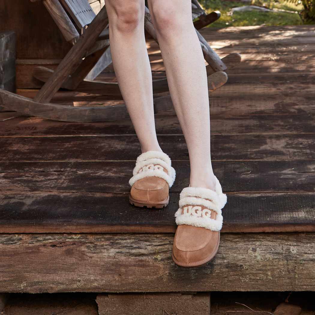 Woman wearing Violet cow suede sheepskin detachable strap platform slippers OB 938D in Chestnut