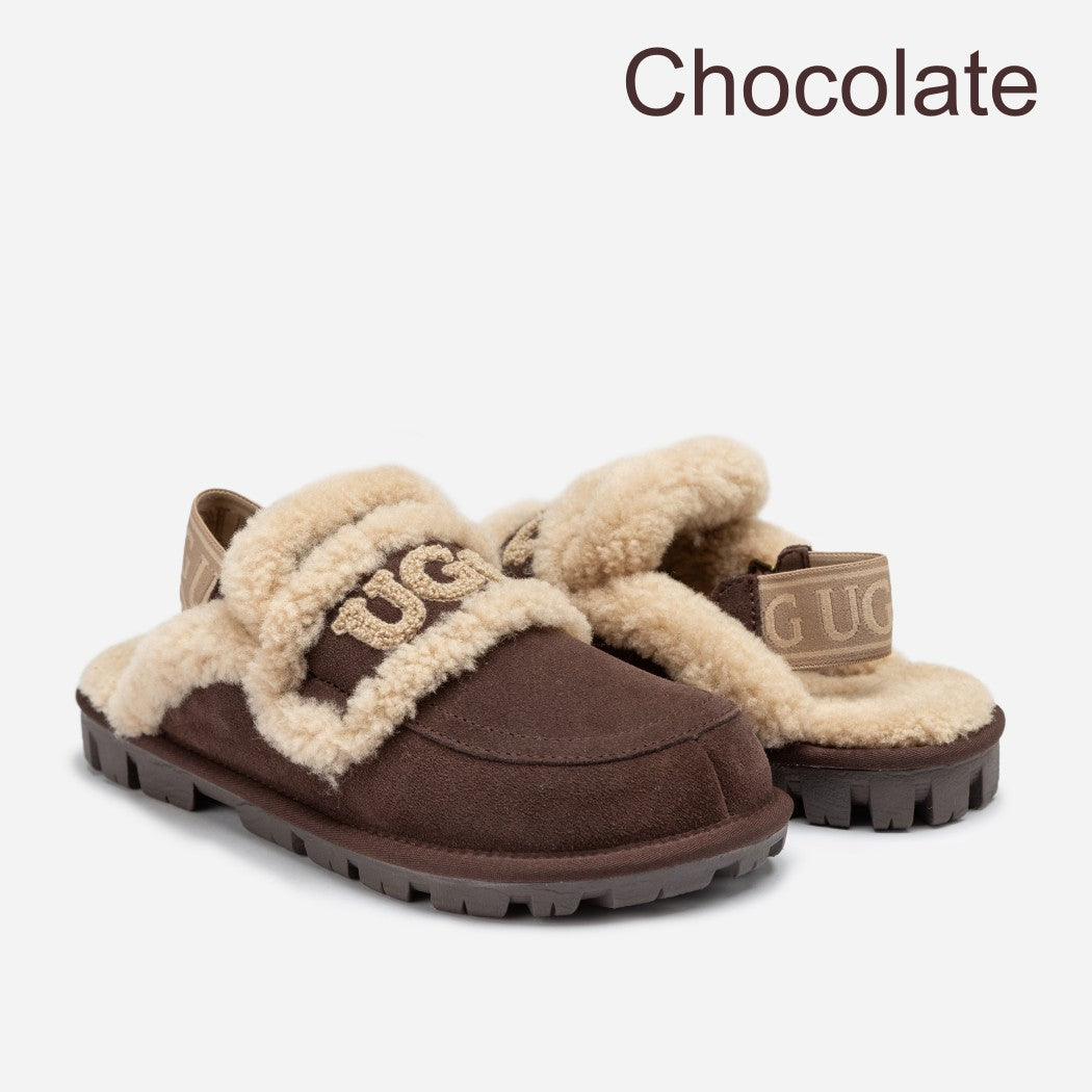Violet cow suede sheepskin detachable strap platform slippers OB 938D in Chocolate