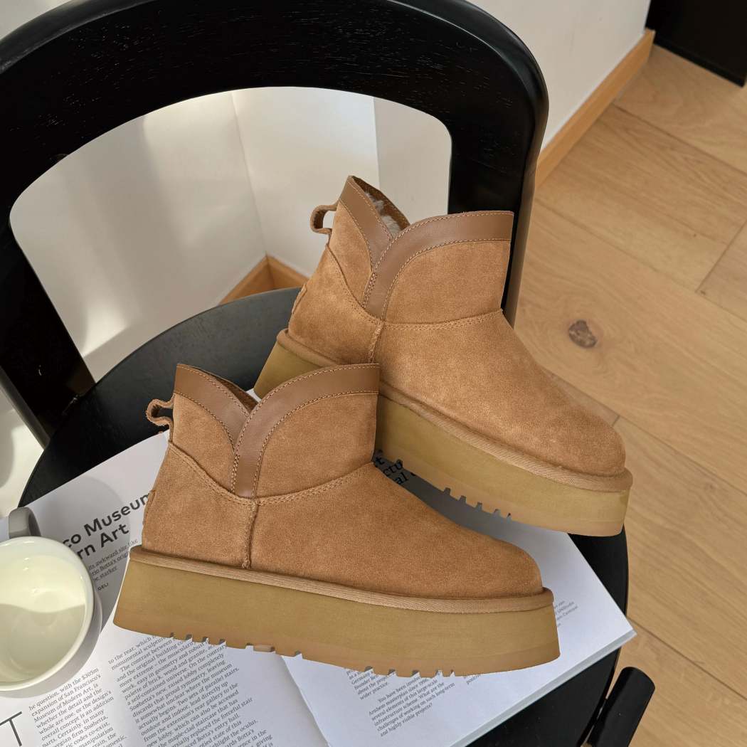 Side profile of Wintra cow suede platform mini boots AS 3134 in Chestnut